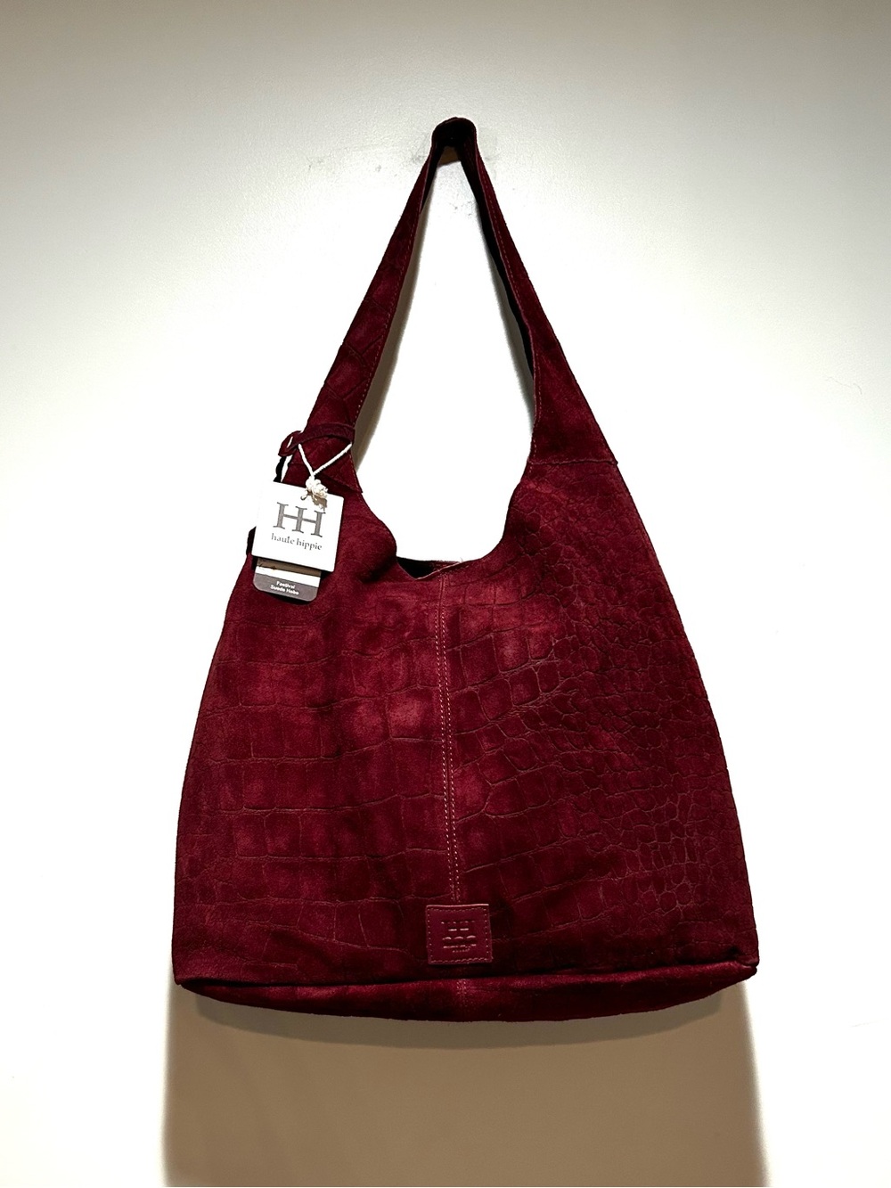 Haute Hippie Wine Red Croc-Embossed Suede Hobo Shoulder Bag